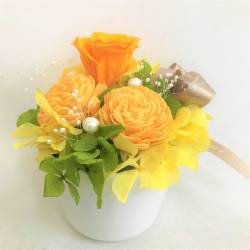 オレンジバラのプリザーブドフラワー白陶器　クリアケース付き